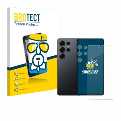 Front side of a product packaging with the brand logo BROTECT. Next to it is the device Samsung Galaxy S25 Ultra (Front+Camera