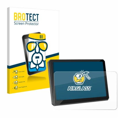 Front side of a product packaging with the brand logo BROTECT. Next to it is the device Carpuride W702BS 7" shown with the cor