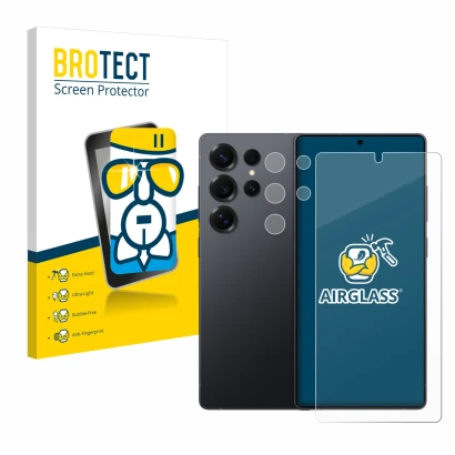 Front side of a product packaging with the brand logo BROTECT. Next to it is the device Samsung Galaxy S25 Ultra Enterprise Ed