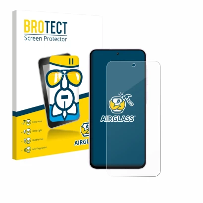 Front side of a product packaging with the brand logo BROTECT. Next to it is the device Samsung Galaxy A56 5G shown with the c