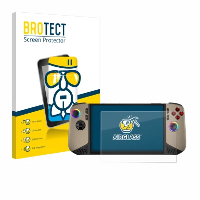 Front side of a product packaging with the brand logo BROTECT. Next to it is the device MSI Claw 8 AI+ shown with the correspo