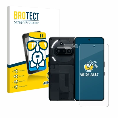 Front side of a product packaging with the brand logo BROTECT. Next to it is the device Nothing Phone (3a) (Front+Camera) show