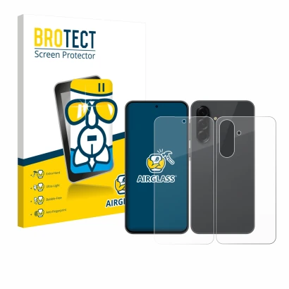 Front side of a product packaging with the brand logo BROTECT. Next to it is the device Samsung Galaxy A36 5G (Front+Back) sho