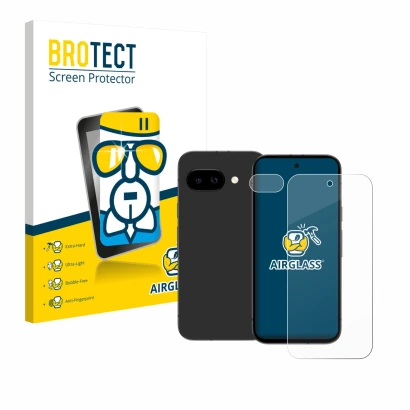Front side of a product packaging with the brand logo BROTECT. Next to it is the device Google Pixel 9a (Front+Camera) shown w