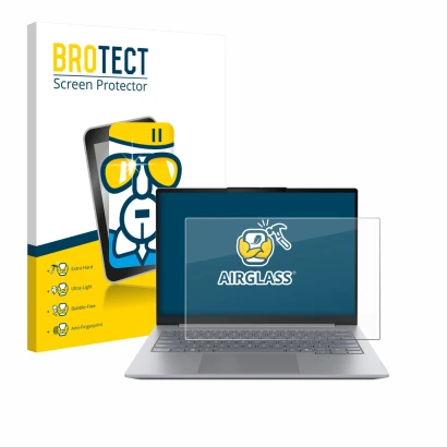 Front side of a product packaging with the brand logo BROTECT. Next to it is the device Lenovo ThinkBook 14 Gen 8 shown with t