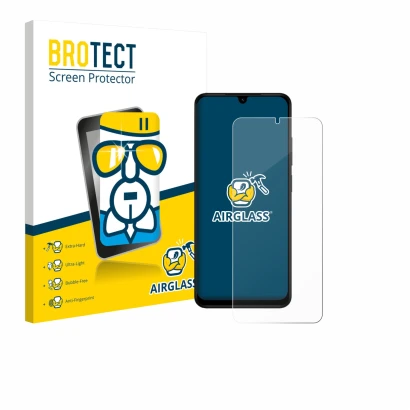 Front side of a product packaging with the brand logo BROTECT. Next to it is the device Xiaomi Redmi A5 shown with the corresp