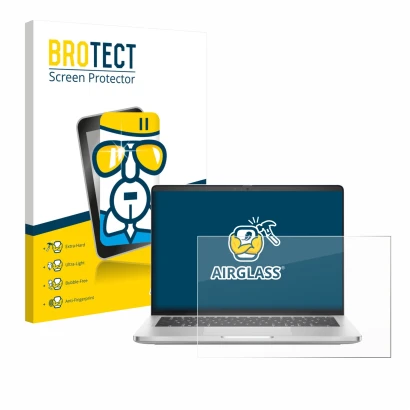 Front side of a product packaging with the brand logo BROTECT. Next to it is the device Dell Pro 14 Plus PB14250 shown with th