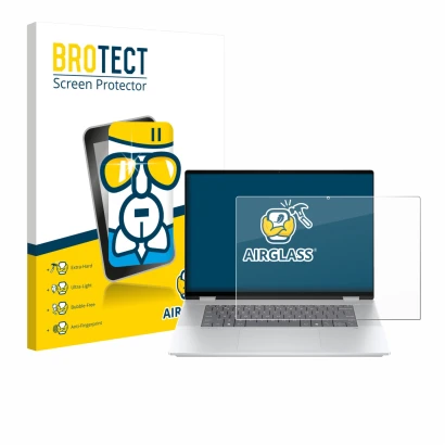 Front side of a product packaging with the brand logo BROTECT. Next to it is the device HP OmniBook X Flip 16-aX shown with th