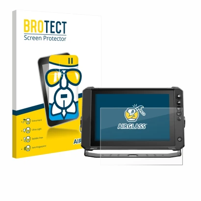 Front side of a product packaging with the brand logo BROTECT. Next to it is the device Lowrance Elite FS 10 shown with the co