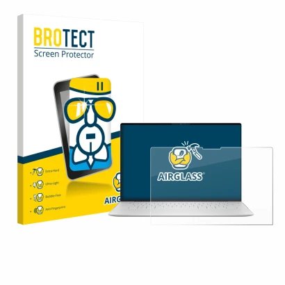 Front side of a product packaging with the brand logo BROTECT. Next to it is the device Dell XPS 13 9350 2024 shown with the c