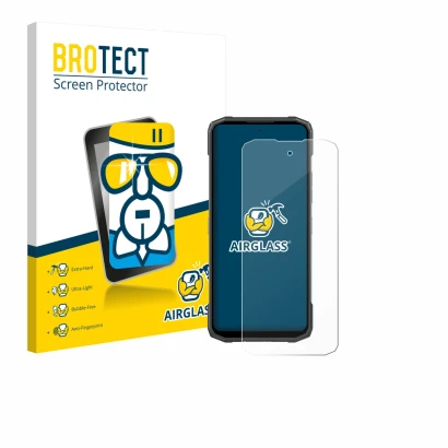 Front side of a product packaging with the brand logo BROTECT. Next to it is the device Doogee Blade 20 Turbo shown with the c