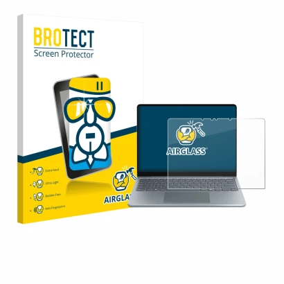 Front side of a product packaging with the brand logo BROTECT. Next to it is the device Microsoft Surface Laptop 13" shown wit