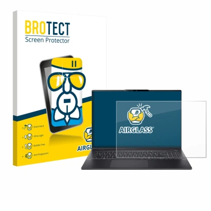 Front side of a product packaging with the brand logo BROTECT. Next to it is the device Acer Swift 16 AI shown with the corres
