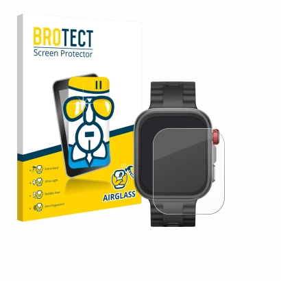 Front side of a product packaging with the brand logo BROTECT. Next to it is the device Huawei Watch Fit 4 Pro shown with the 