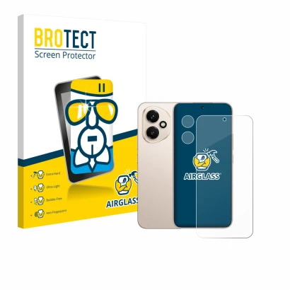 Front side of a product packaging with the brand logo BROTECT. Next to it is the device Honor 400 (Front+Camera) shown with th
