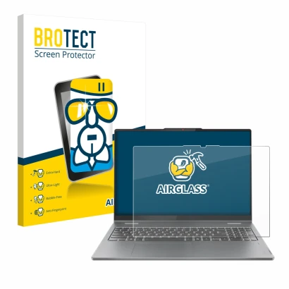 Front side of a product packaging with the brand logo BROTECT. Next to it is the device Lenovo IdeaPad 5 2-in-1 Gen 10 16" sho