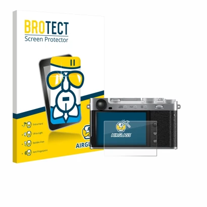 Front side of a product packaging with the brand logo BROTECT. Next to it is the device Fujifilm X-E5 shown with the correspon