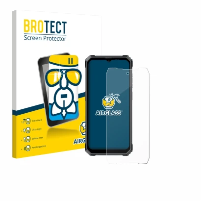 Front side of a product packaging with the brand logo BROTECT. Next to it is the device Blackview BL7000 shown with the corres
