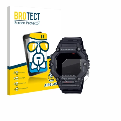 Front side of a product packaging with the brand logo BROTECT. Next to it is the device Casio AE-1600H shown with the correspo