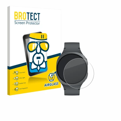 Front side of a product packaging with the brand logo BROTECT. Next to it is the device Samsung Galaxy Watch 8 (40 mm) shown w