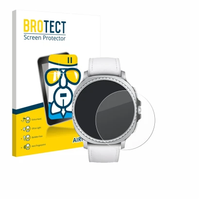 Front side of a product packaging with the brand logo BROTECT. Next to it is the device Samsung Galaxy Watch 8 Classic (46 mm)