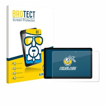 Front side of a product packaging with the brand logo BROTECT. Next to it is the device Doogee Tab A9 Pro+ shown with the corr
