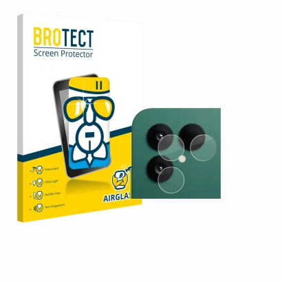 Front side of a product packaging with the brand logo BROTECT. Next to it is the device Fairphone 6 (ONLY Camera) shown with t