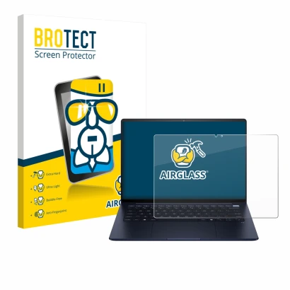 Front side of a product packaging with the brand logo BROTECT. Next to it is the device HP EliteBook Ultra 14 G1i shown with t