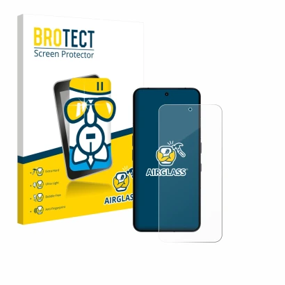 Front side of a product packaging with the brand logo BROTECT. Next to it is the device Nothing Phone (3) shown with the corre
