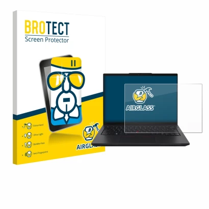 Front side of a product packaging with the brand logo BROTECT. Next to it is the device Lenovo ThinkPad L14 Gen 6 shown with t