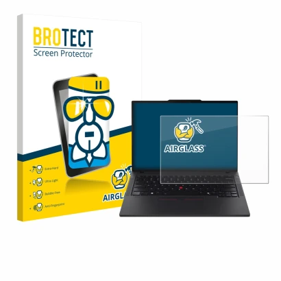 Front side of a product packaging with the brand logo BROTECT. Next to it is the device Lenovo ThinkPad T14 Gen 6 shown with t