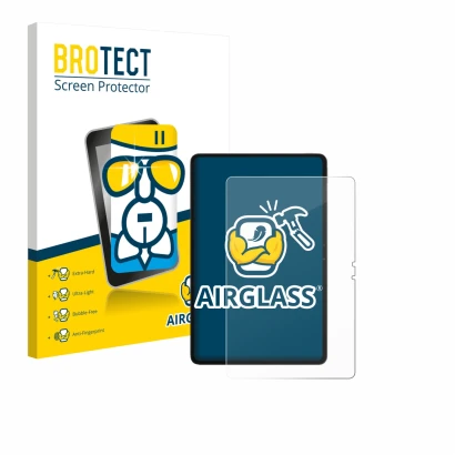 Front side of a product packaging with the brand logo BROTECT. Next to it is the device Blackview MEGA 3 shown with the corres