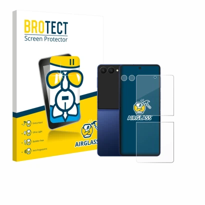 Front side of a product packaging with the brand logo BROTECT. Next to it is the device Samsung Galaxy Z Flip 7 (Front+Camera)