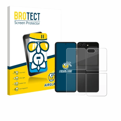 Front side of a product packaging with the brand logo BROTECT. Next to it is the device Samsung Galaxy Z Flip 7 FE (Front+Back
