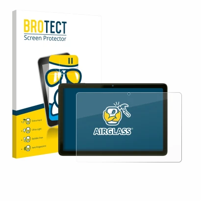 Front side of a product packaging with the brand logo BROTECT. Next to it is the device VALE Tablet V10A shown with the corres