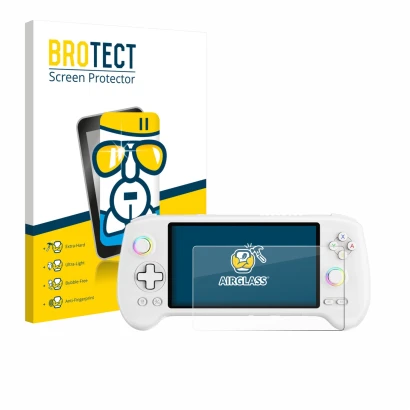 Front side of a product packaging with the brand logo BROTECT. Next to it is the device Anbernic RG557 shown with the correspo
