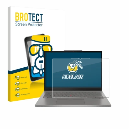 Front side of a product packaging with the brand logo BROTECT. Next to it is the device Lenovo ThinkPad L13 2-in-1 Gen 6 shown