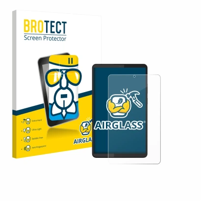 Front side of a product packaging with the brand logo BROTECT. Next to it is the device Lenovo Tab One 8.7" shown with the cor