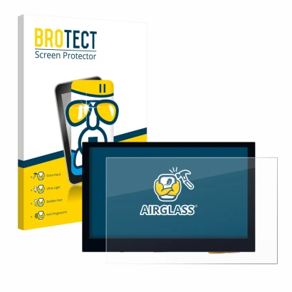 Front side of a product packaging with the brand logo BROTECT. Next to it is the device Waveshare 4.3" shown with the correspo