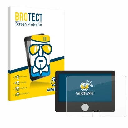 Front side of a product packaging with the brand logo BROTECT. Next to it is the device Dynavin D9-DCX Plus Flex - C shown wit