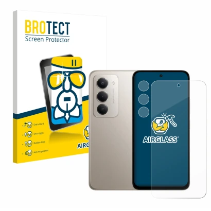 Front side of a product packaging with the brand logo BROTECT. Next to it is the device Xiaomi Redmi 15 (Front+Camera) shown w