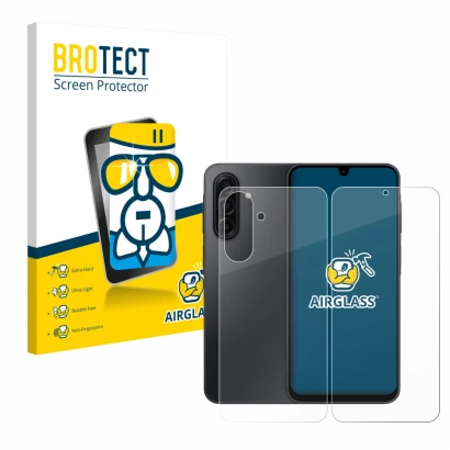 Front side of a product packaging with the brand logo BROTECT. Next to it is the device Samsung Galaxy A17 5G (Front+Back) sho