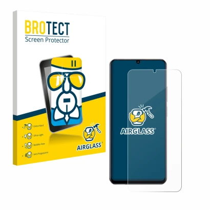 Front side of a product packaging with the brand logo BROTECT. Next to it is the device realme Note 70T shown with the corresp