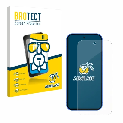 Front side of a product packaging with the brand logo BROTECT. Next to it is the device Google Pixel 10 shown with the corresp