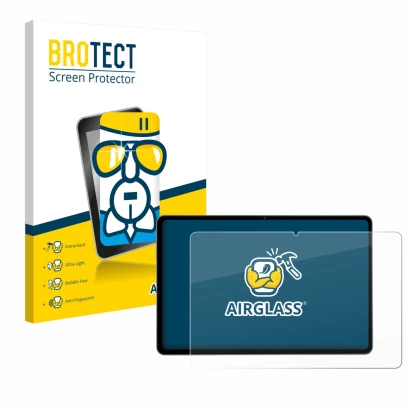 Front side of a product packaging with the brand logo BROTECT. Next to it is the device Acepad HIGH Tablet 12" shown with the 