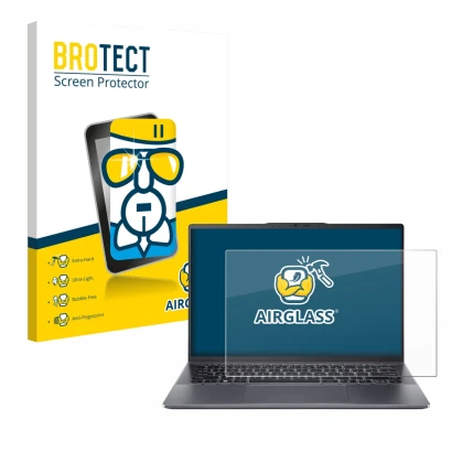 Front side of a product packaging with the brand logo BROTECT. Next to it is the device Acer Swift Go 14 OLED shown with the c