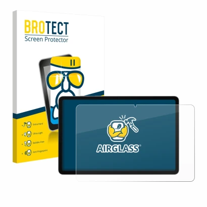 Front side of a product packaging with the brand logo BROTECT. Next to it is the device Samsung Galaxy Tab S11 shown with the 