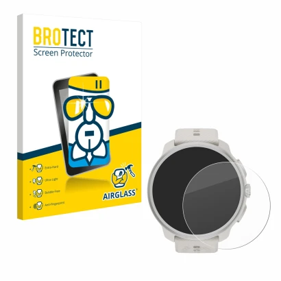 Front side of a product packaging with the brand logo BROTECT. Next to it is the device Suunto Race 2 shown with the correspon