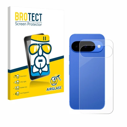 Front side of a product packaging with the brand logo BROTECT. Next to it is the device Google Pixel 10 (Back) shown with the 