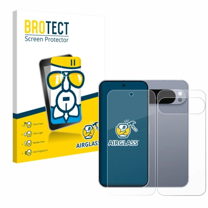 Front side of a product packaging with the brand logo BROTECT. Next to it is the device Google Pixel 10 Pro XL (Front+Back) sh